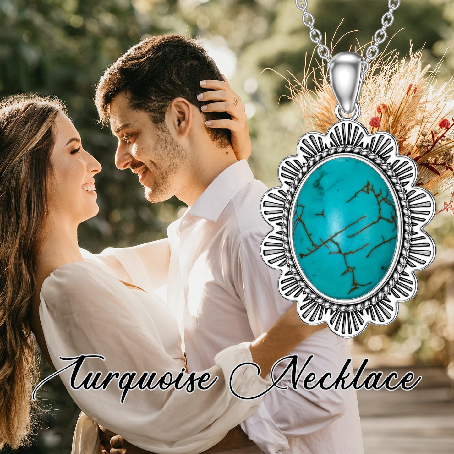 Turquoise Necklace 925 Sterling Silver Natural Turquoise Gemstone Pendant Vintage Bohemian Western Jewelry Gifts for Women