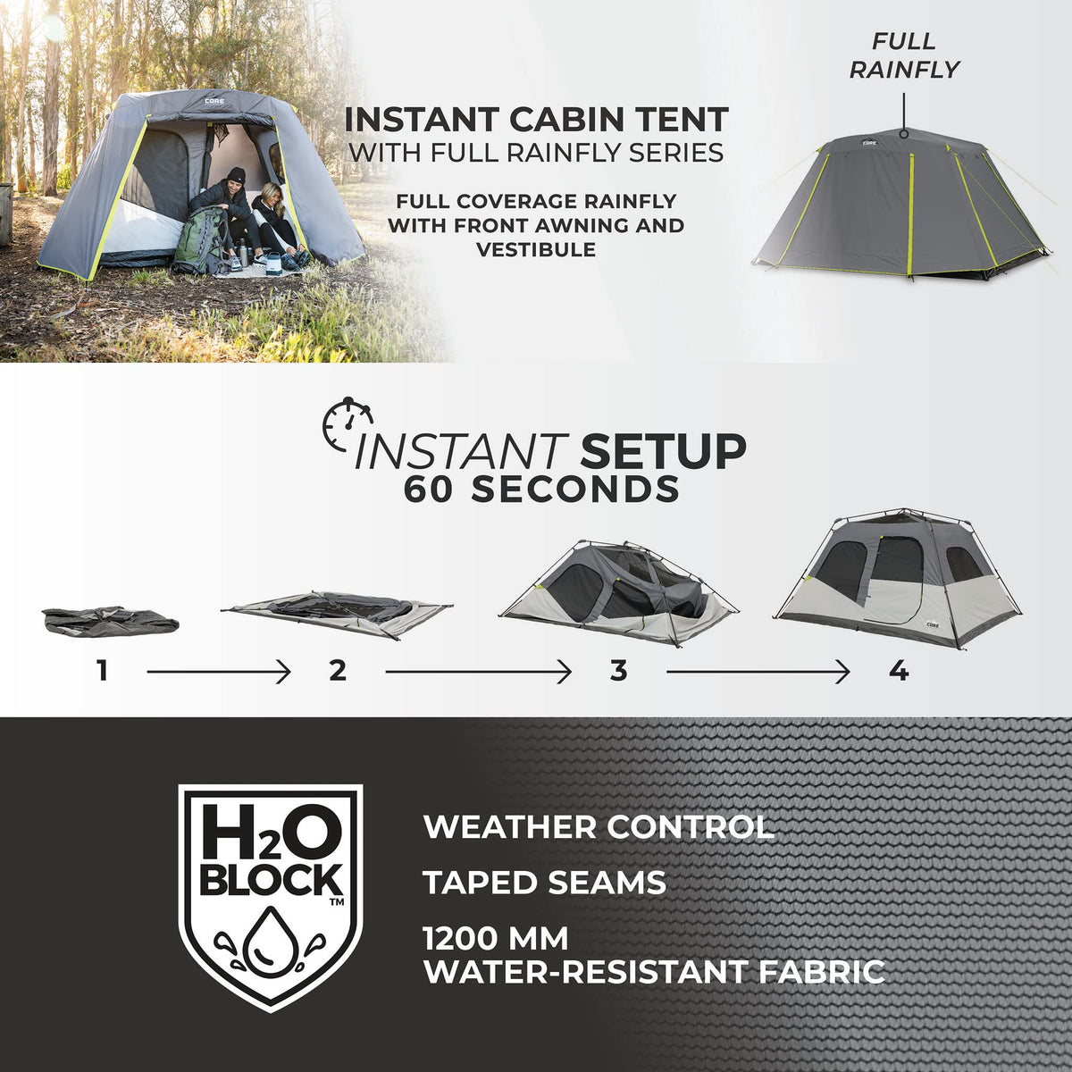CORE Instant Cabin Tents | Family Cabin Multi Room Pop Up Tents Car Camping | Included Storage Pockets for Camping Accessories