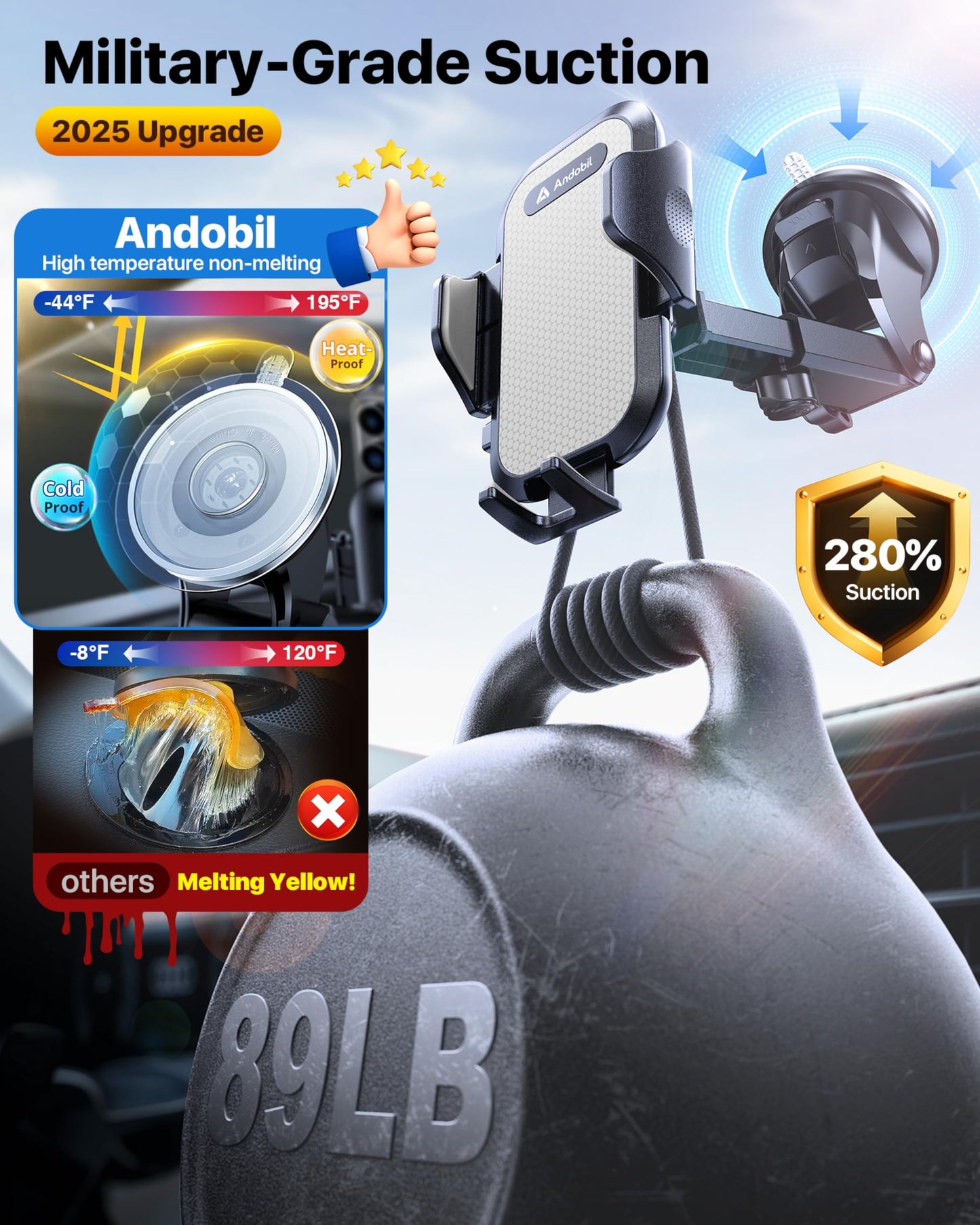 andobil Car Phone Holder, 2026 Military-Grade 89lbs Strongest Suction Phone Holders for Your Car Dashboard/Windshield/Vent Easy Clamp Car Phone Mount Stand for iPhone 17 16 15 14 13 Pro Max Samsung