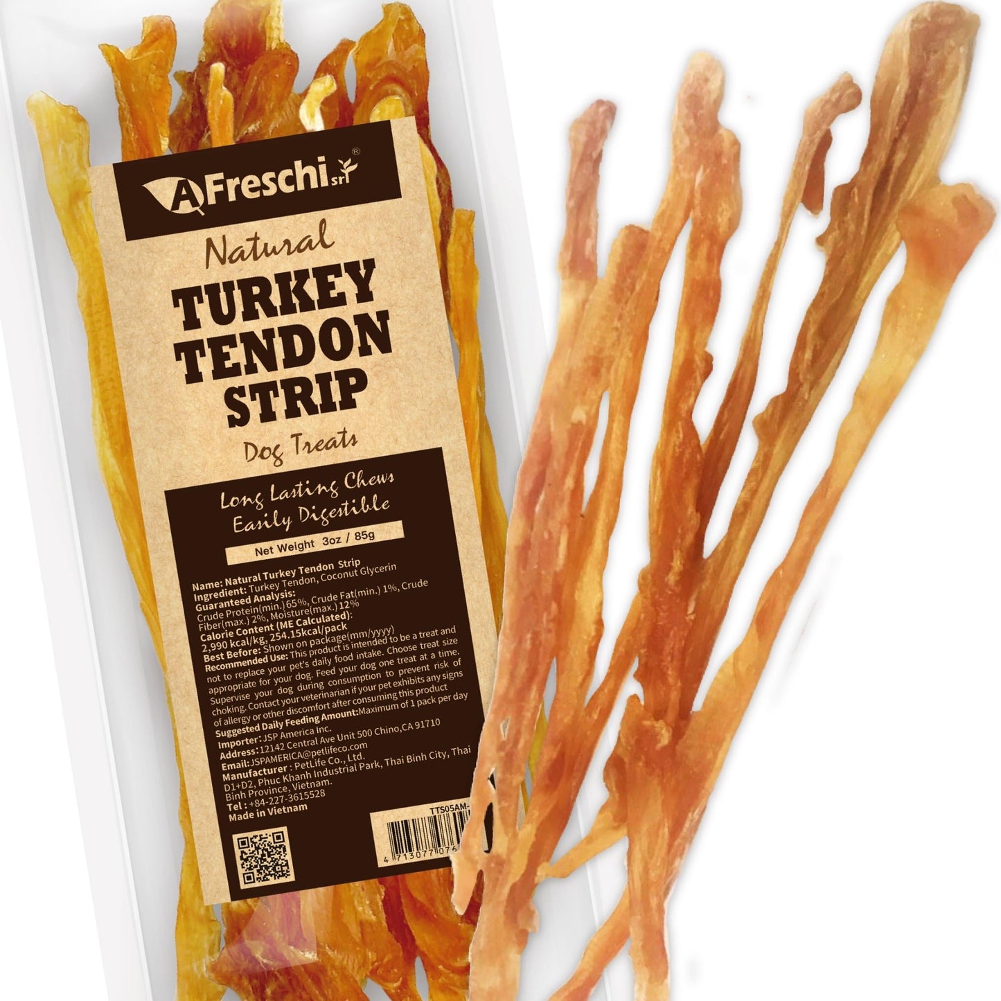 A Freschi srl Turkey Tendons for Dogs, USA-Sourced, Healthy Dog Treats, Rawhide-Free Puppy Chews, Long Lasting, All Natural, Hypoallergenic Dog Treats for Small Breeds, 40 Count Box Bone (S)