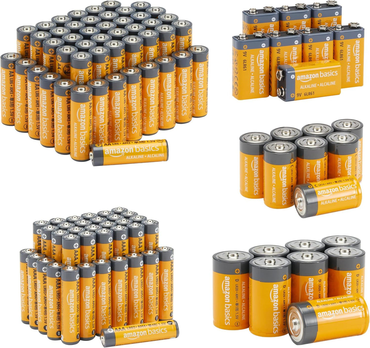 Amazon Basics 108 Count Alkaline Batteries Super Value Pack, Variety Assortment - 48 AA, 36 AAA, 8 C, 8 D, 8 9Volt