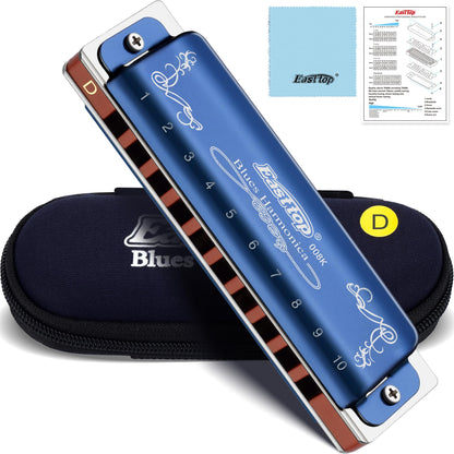 East top Harmonica Key of C, 10 Holes 008K Diatonic Mouth Organ with Blue Case, Standard Harmonica For Adults, Professionals, Beginners and Students, as a Gift
