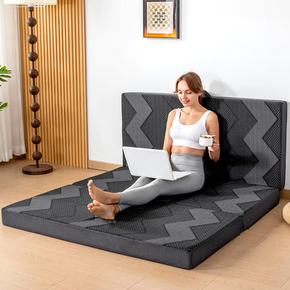 INGEROOM Trifold Mattress Queen - Memory Foam 6 inch Foldable Mattress for Camping, with Portable Handle, Non-Slip Folding Floor Bed Sofa for Guest Travel Yoga, Washable Breathable Cover