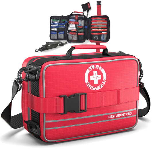 Besst Survivor Premium First Aid Kit - Waterproof Molle Medical Bag with Color-Coded Compartments, with Israeli Bandage, Rescue Blanket & CPR Mask for Home, Car, Hiking, Camping & Outdoor Emergencies