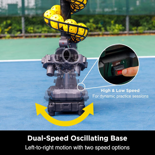 Furlihong 3806PBH Pickleball Machine with Oscillating Base, Adjustable Speed, Auto Swing Launch Port, Battery/AC Powered, Suitable for All Skill Levels