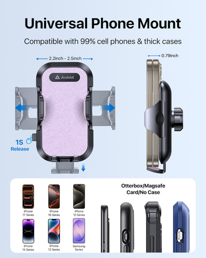 andobil Car Phone Holder, 2026 Military-Grade 89lbs Strongest Suction Phone Holders for Your Car Dashboard/Windshield/Vent Easy Clamp Car Phone Mount Stand for iPhone 17 16 15 14 13 Pro Max Samsung
