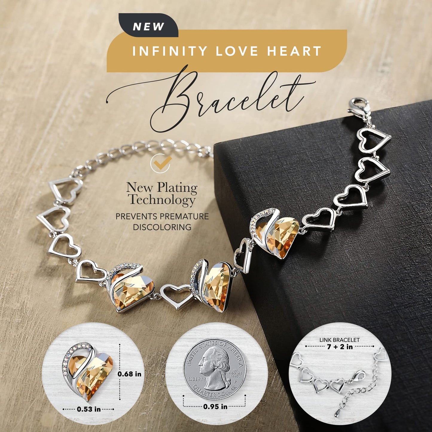 Leafael Infinity Love Heart Link Bracelets, Birthstone or Healing Stone Crystal Bracelet for Women, Silver Tone Jewelry Gifts for Her, 7-inch Chain and 2-inch Extender