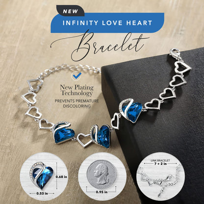 Leafael Infinity Love Heart Link Bracelets, Birthstone or Healing Stone Crystal Bracelet for Women, Silver Tone Jewelry Gifts for Her, 7-inch Chain and 2-inch Extender