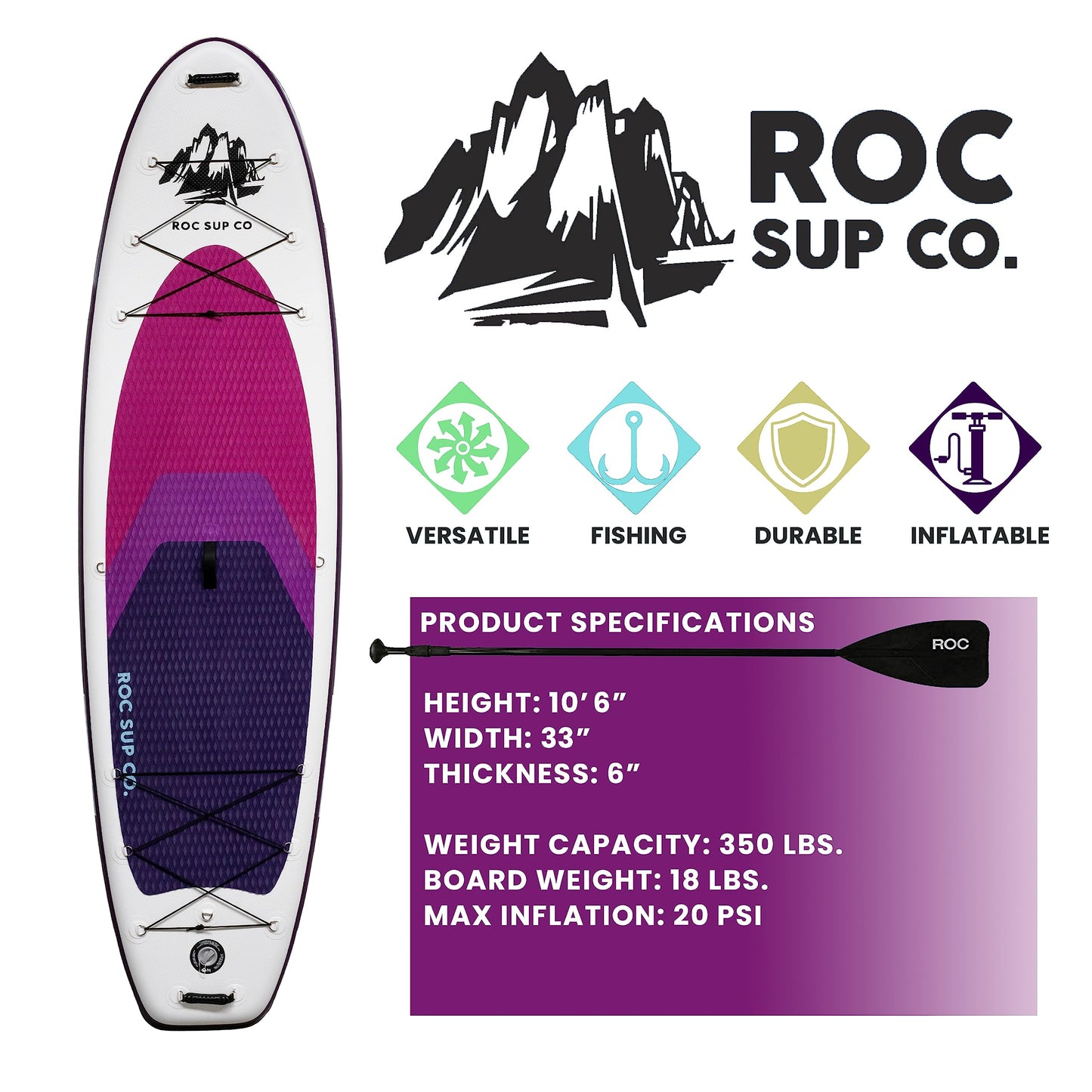 Roc Inflatable Stand Up Paddle Board 10' 6" with Premium SUP Paddle Board Accessories, Wide Stable Design, Non-Slip Comfort Deck for Youth & Adults