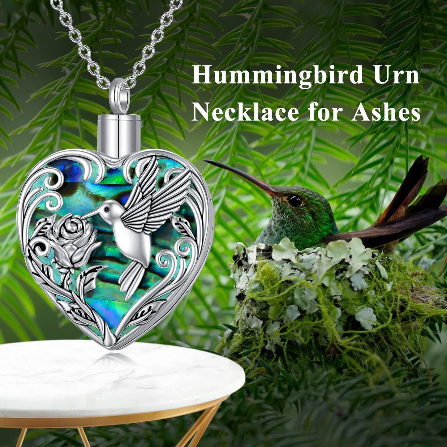 TOUPOP Hummingbird Urn Necklace for Ashes 925 Sterling Silver Heart Cremation Jewelry Keepsake Pendant with Funnel Filler Memorial Christmas Gifts for Women Mom Wife