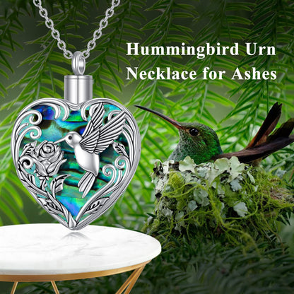 TOUPOP Hummingbird Urn Necklace for Ashes 925 Sterling Silver Heart Cremation Jewelry Keepsake Pendant with Funnel Filler Memorial Christmas Gifts for Women Mom Wife