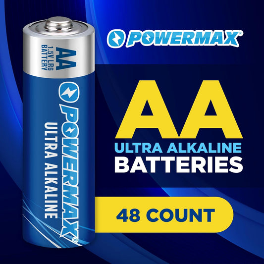 Powermax 48-Count AA Batteries, Ultra Long Lasting Alkaline Battery, 10-Year Shelf Life, Reclosable Packaging