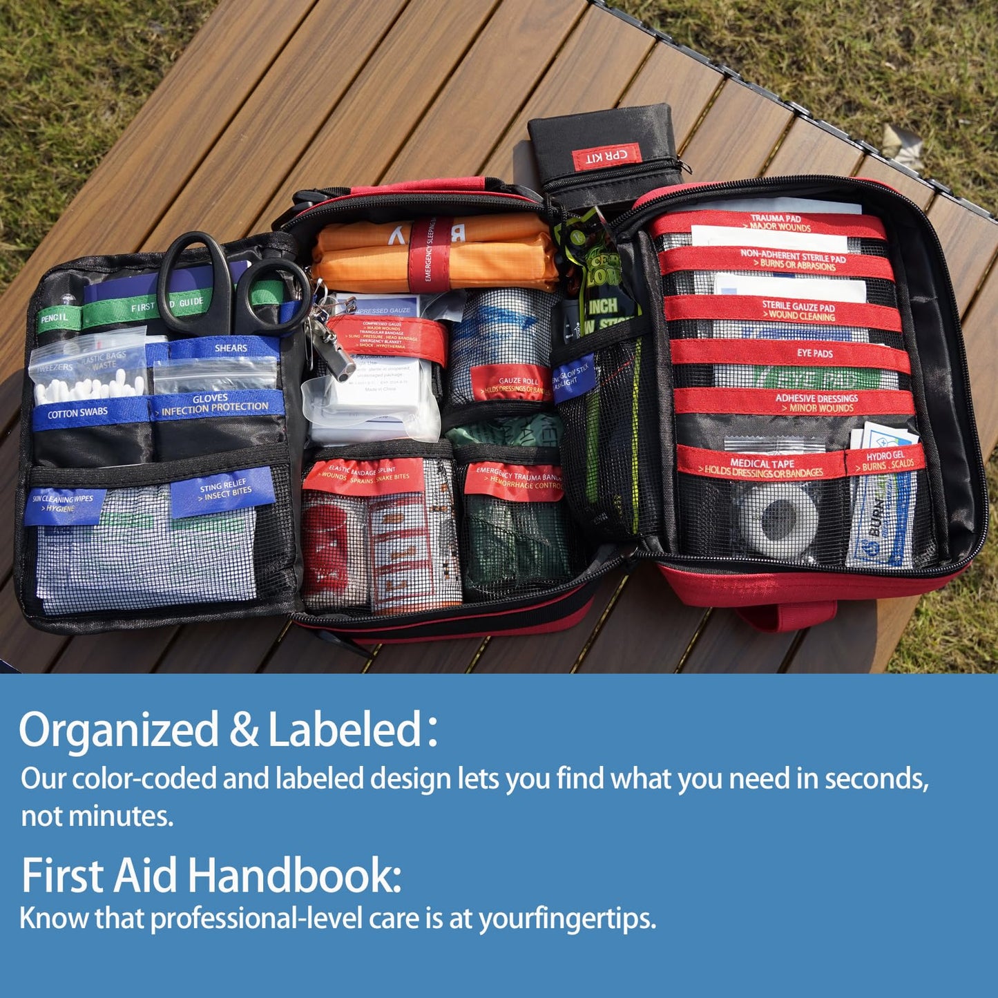 Besst Survivor Premium First Aid Kit - Waterproof Molle Medical Bag with Color-Coded Compartments, with Israeli Bandage, Rescue Blanket & CPR Mask for Home, Car, Hiking, Camping & Outdoor Emergencies