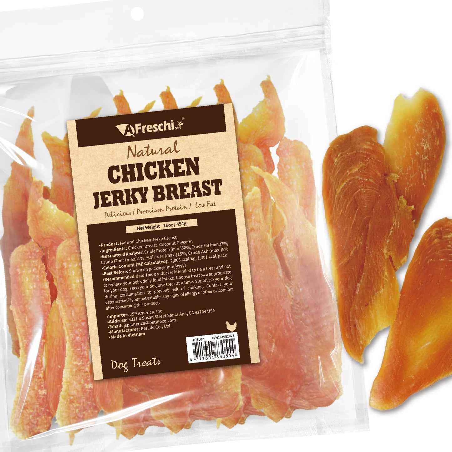 AFreschi Natural Chicken Fillet Jerky 16 oz, Dog Treats, All Natural, Grain-Free, High-Protein, Low Fat, Healthy & Easily Digestible