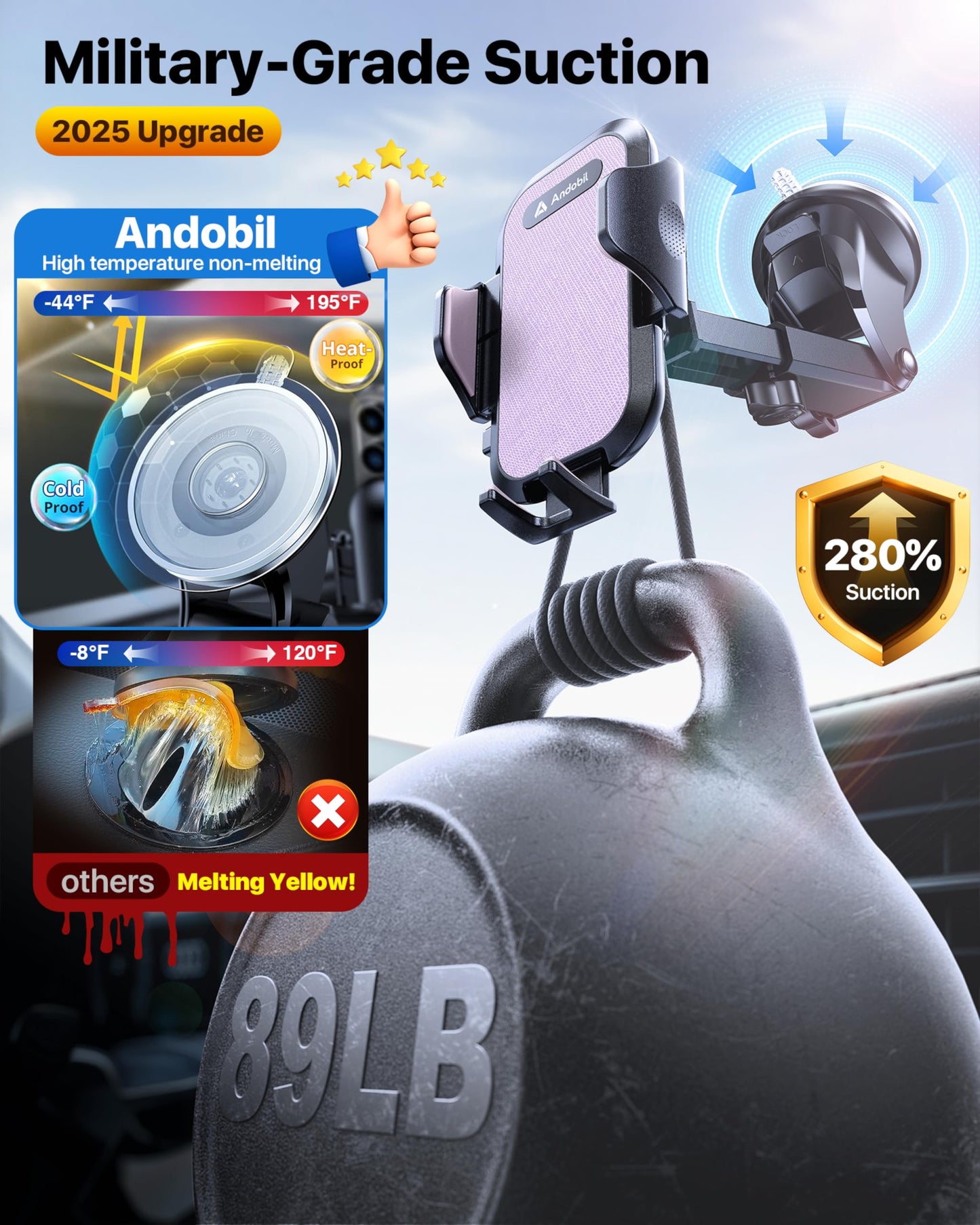 andobil Car Phone Holder, 2026 Military-Grade 89lbs Strongest Suction Phone Holders for Your Car Dashboard/Windshield/Vent Easy Clamp Car Phone Mount Stand for iPhone 17 16 15 14 13 Pro Max Samsung
