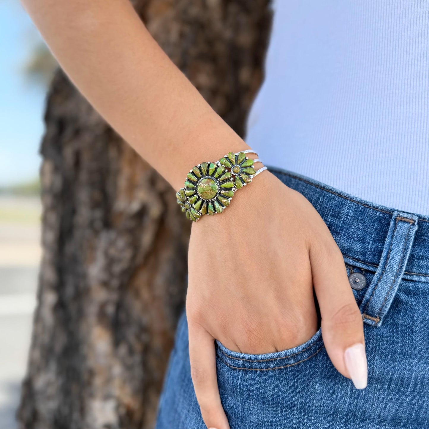 Turquoise Network Southwest Style Genuine Gemstones 925 Sterling Silver Cluster Bracelet
