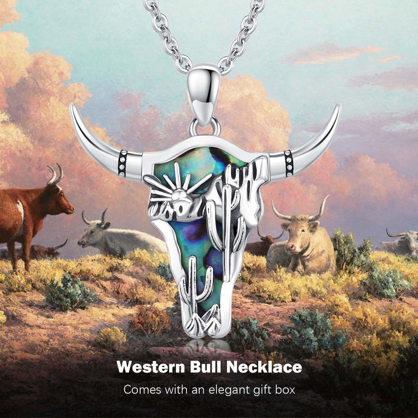 Midir&Etain Western Necklace 925 Sterling Silver Turquoise Pendant Highland Cow/Cow Skull/Hat/Tag/Cactus/Boot Cowgirl Country Jewelry for Women Men
