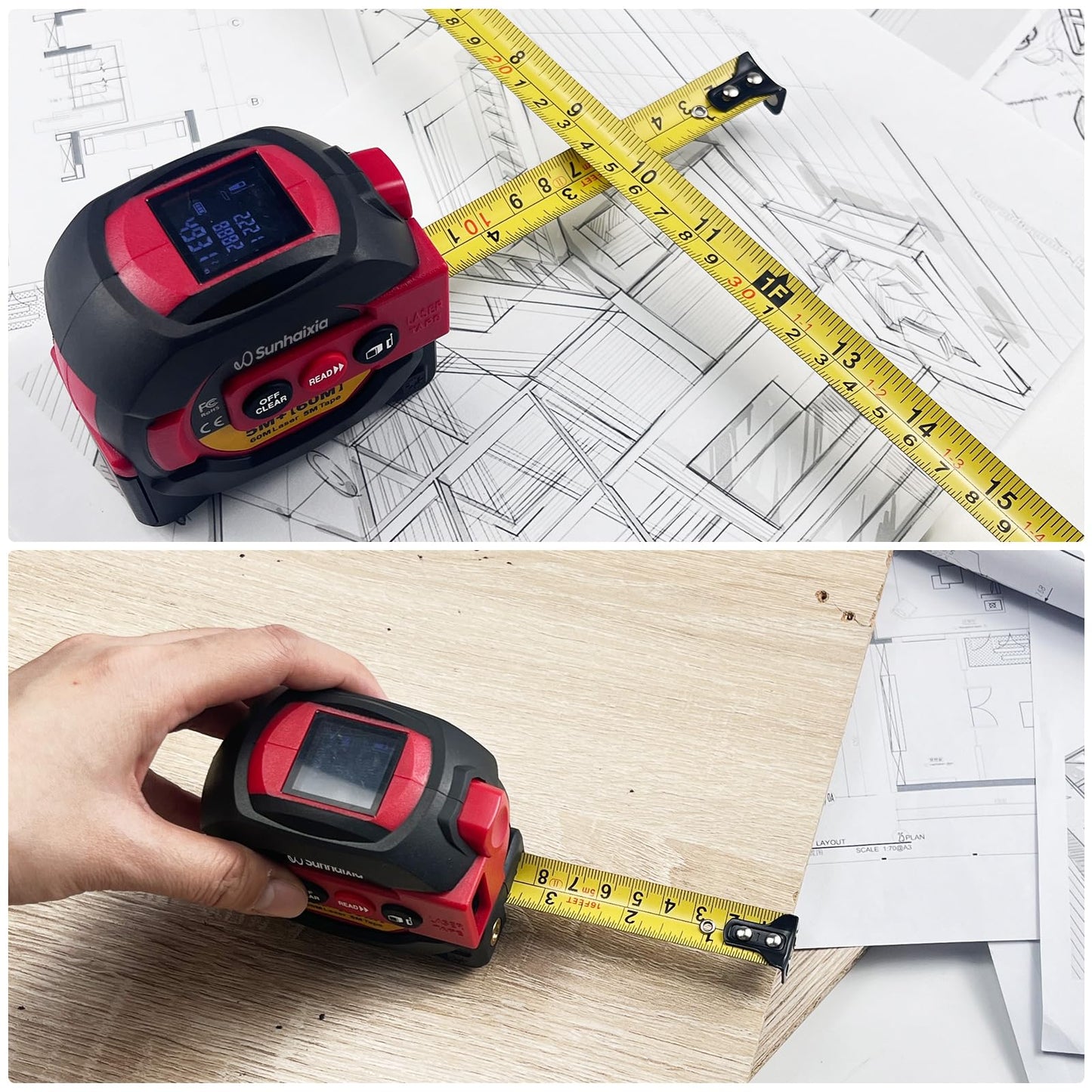 3 in 1 Digital Laser Tape Measure, 197ft/60m Laser Distance Meter, 16ft/5m Digital Tape Measure with Cross Line, AutoLock, ft/in/m Unit Switch, Measure Area, Volume, Pythagorean (Purple)