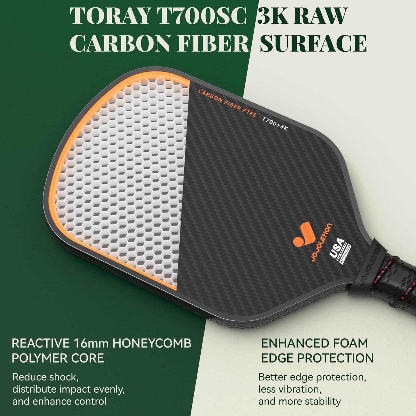 JOJOLEMON Pickleball Paddles, Carbon Fiber Pickleball Paddle with a 16mm Shark Power Polymer Core, The Pickleball Rackets Designed for Ultimate Spin & Consistency