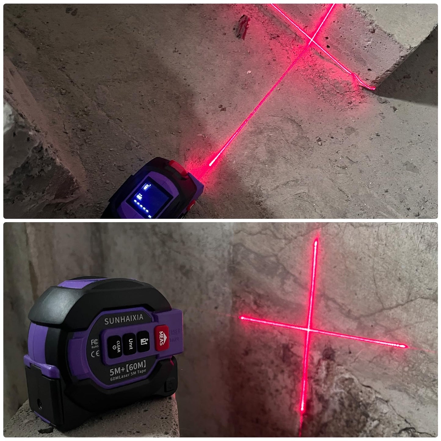 3 in 1 Digital Laser Tape Measure, 197ft/60m Laser Distance Meter, 16ft/5m Digital Tape Measure with Cross Line, AutoLock, ft/in/m Unit Switch, Measure Area, Volume, Pythagorean (Purple)