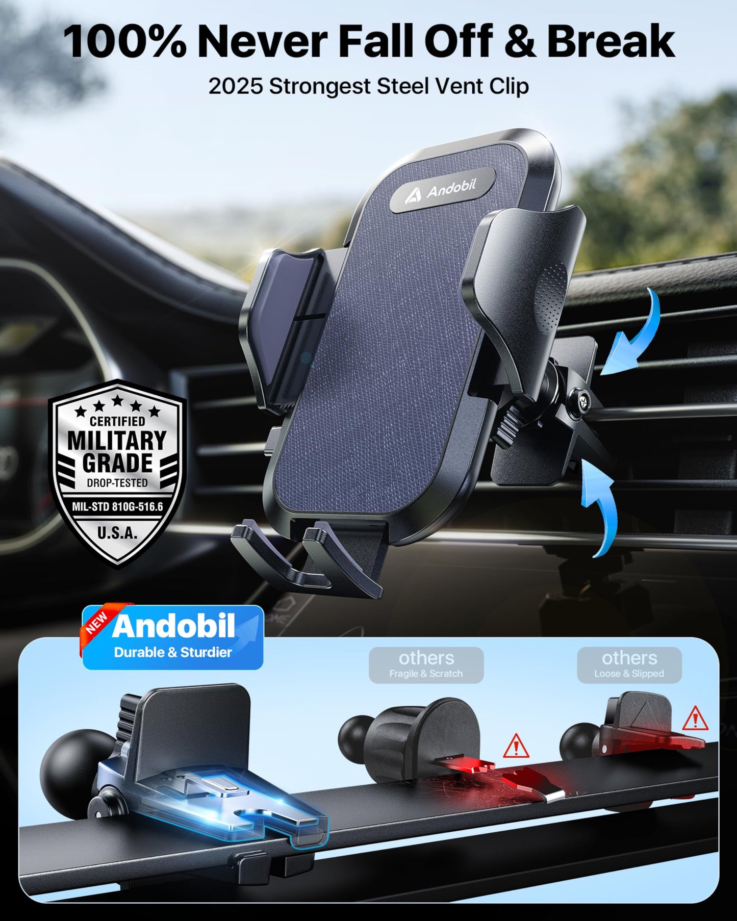 andobil Car Phone Holder, 2026 Military-Grade 89lbs Strongest Suction Phone Holders for Your Car Dashboard/Windshield/Vent Easy Clamp Car Phone Mount Stand for iPhone 17 16 15 14 13 Pro Max Samsung