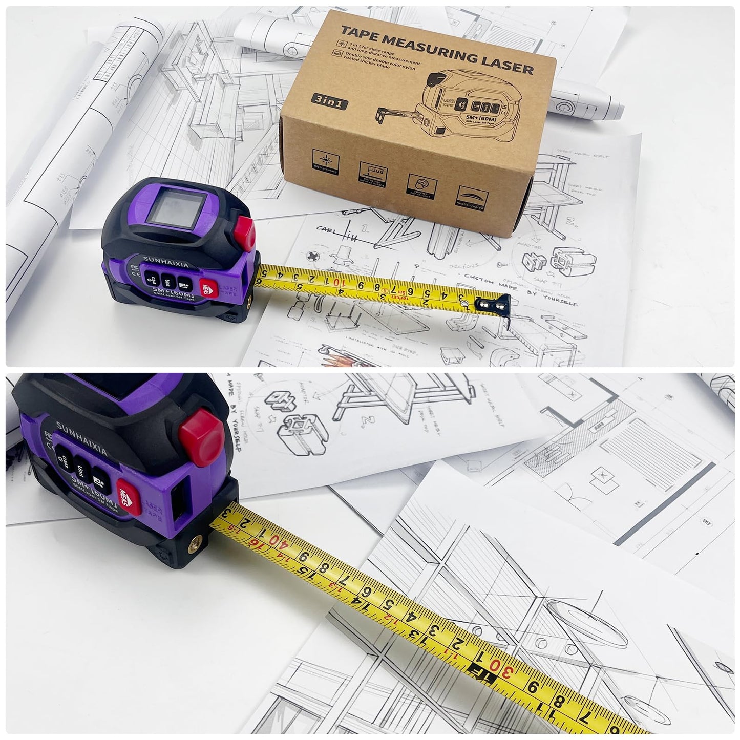 3 in 1 Digital Laser Tape Measure, 197ft/60m Laser Distance Meter, 16ft/5m Digital Tape Measure with Cross Line, AutoLock, ft/in/m Unit Switch, Measure Area, Volume, Pythagorean (Purple)