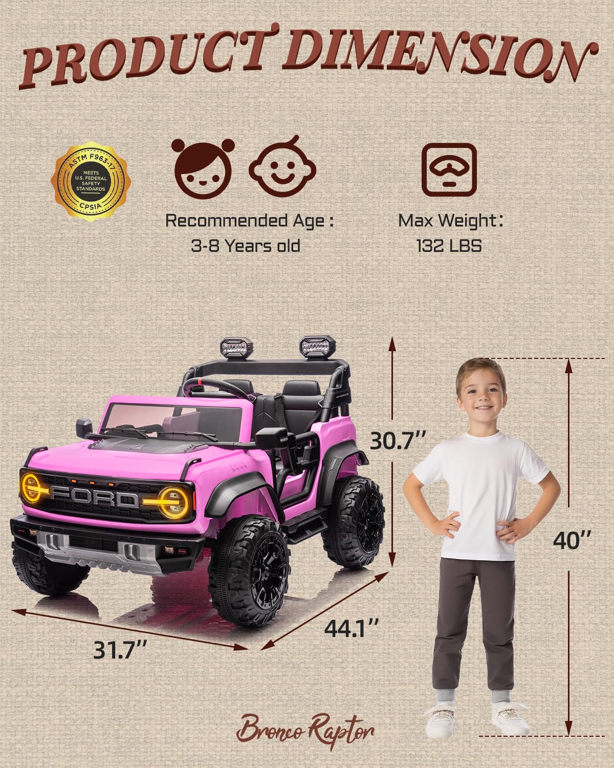 First Ride On 24V Ride on Toys for Big Kids, Licensed Ford Bronco Raptor 2 Seater Ride on Cars with Remote Control, Ride on Truck w/ 4-Wheeler Suspension, 3 Speeds, Led Lights, Bluetooth (24V, Pink) | First Ride On, 24V, for Big Kids, 2 Seater, with Remot