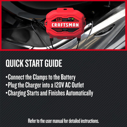 CRAFTSMAN 1.5A Car Battery Charger and Maintainer, 3-in-1 Solution, for 6V/12V Power Sport, Automotive, and Marine Batteries, CMXCESM259