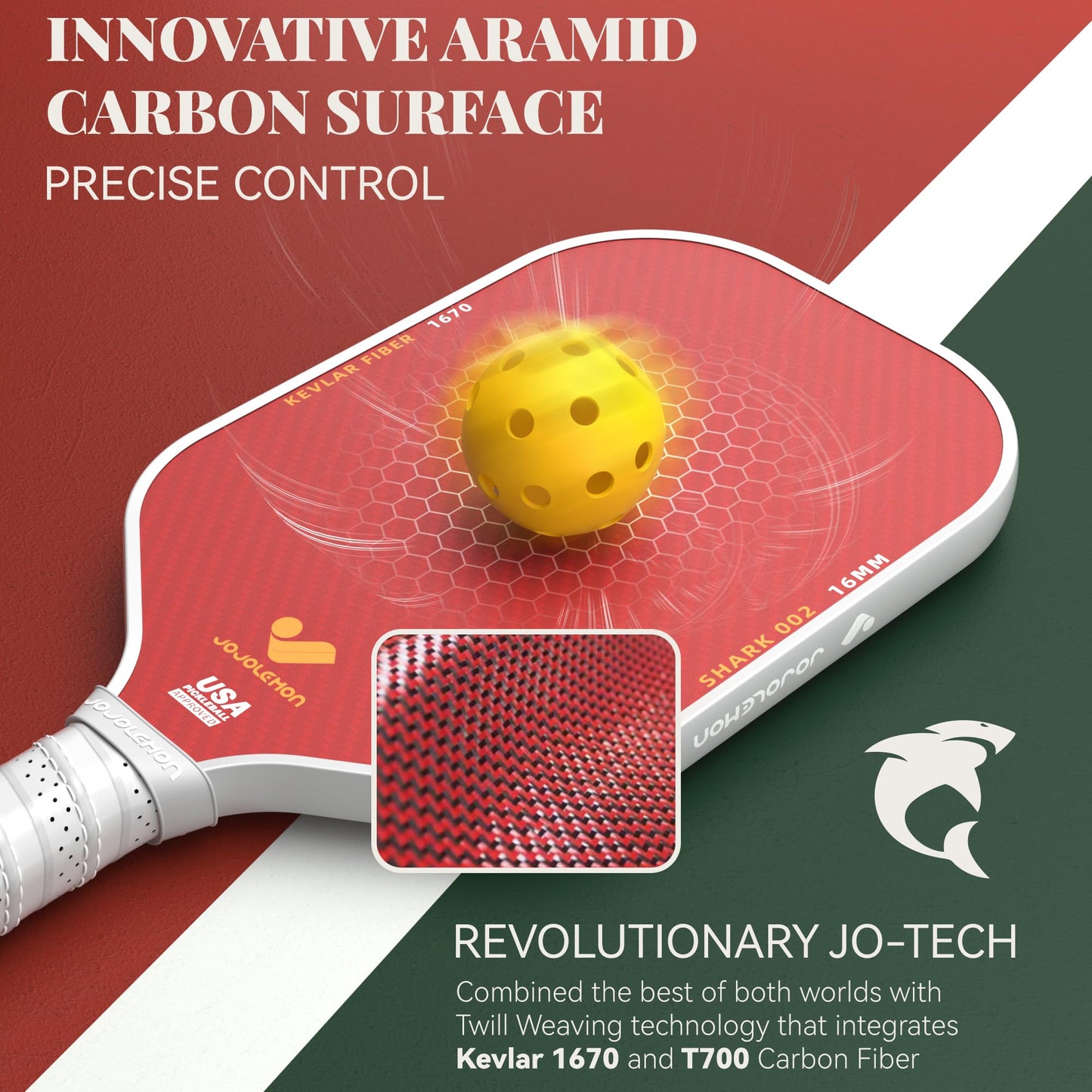 JOJOLEMON Pickleball Paddles, Carbon Fiber Pickleball Paddle with a 16mm Shark Power Polymer Core, The Pickleball Rackets Designed for Ultimate Spin & Consistency