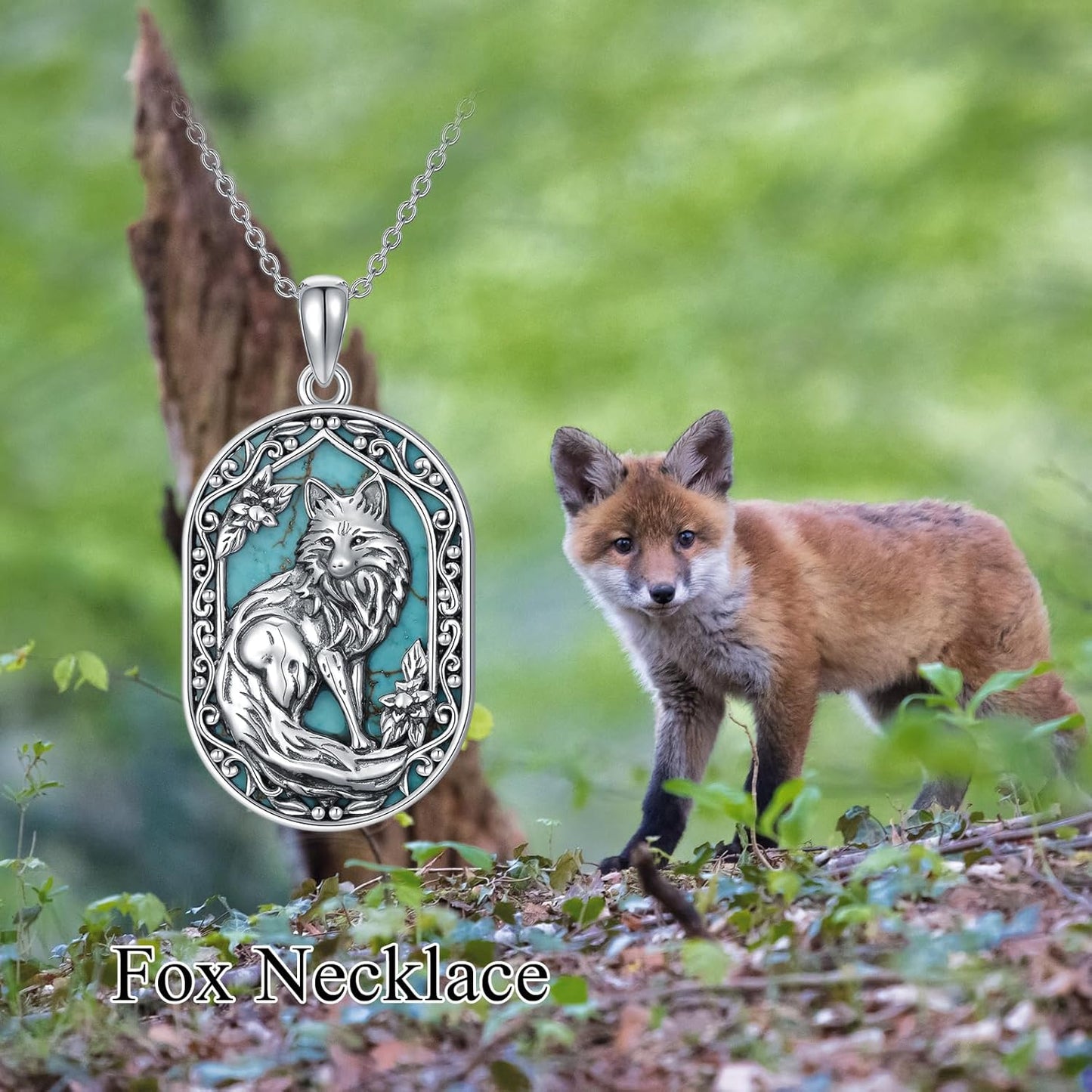 Turquoise Fox Necklace 925 Sterling Silver Real Turquoise Gemstone Fox Animal Pendant Vintage Jewelry for Women