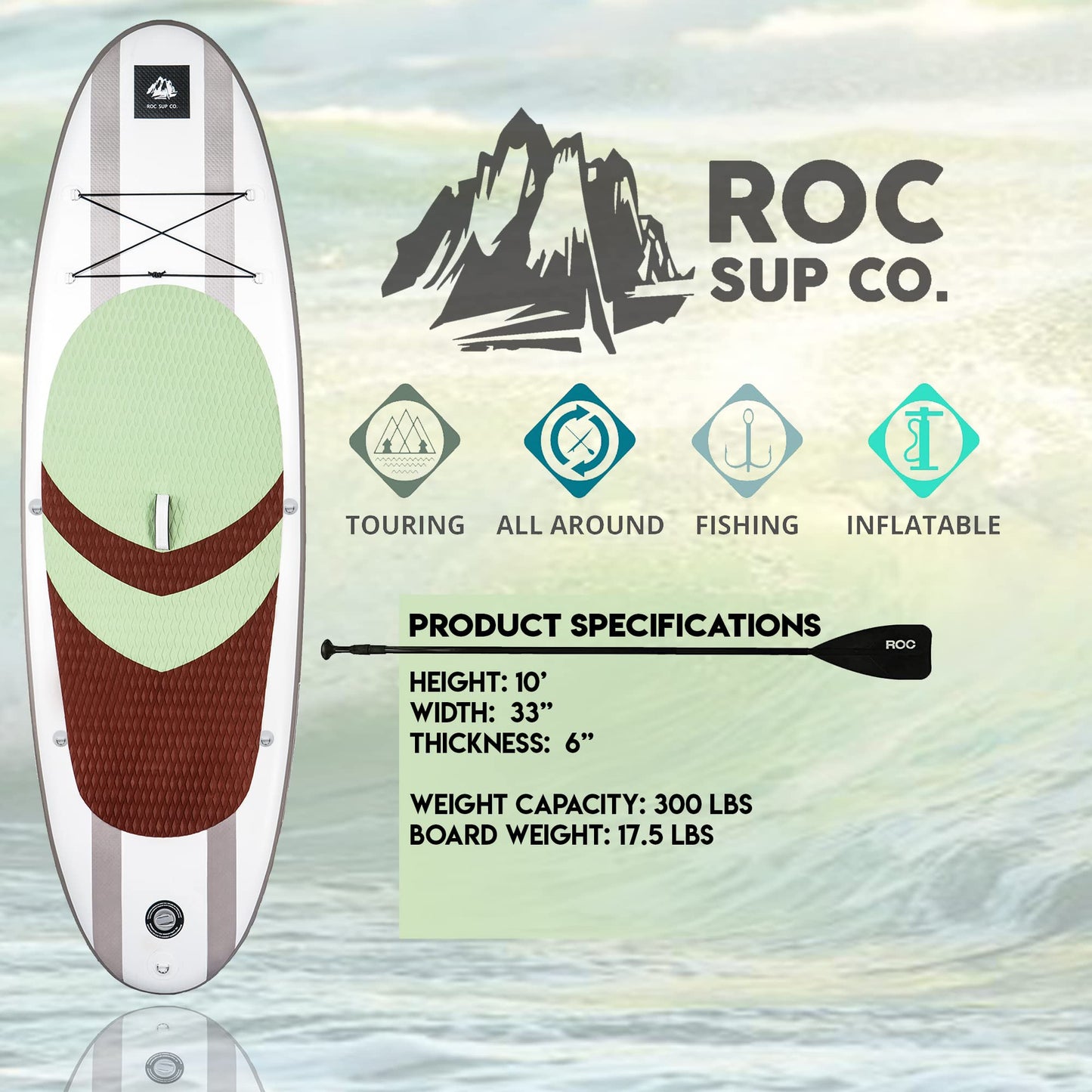 Roc Inflatable Stand Up Paddle Board 10' 6" with Premium SUP Paddle Board Accessories, Wide Stable Design, Non-Slip Comfort Deck for Youth & Adults