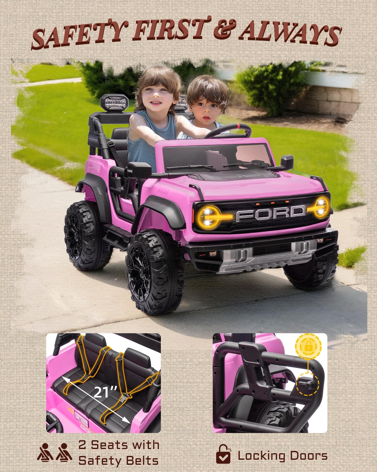 First Ride On 24V Ride on Toys for Big Kids, Licensed Ford Bronco Raptor 2 Seater Ride on Cars with Remote Control, Ride on Truck w/ 4-Wheeler Suspension, 3 Speeds, Led Lights, Bluetooth (24V, Pink) | First Ride On, 24V, for Big Kids, 2 Seater, with Remot