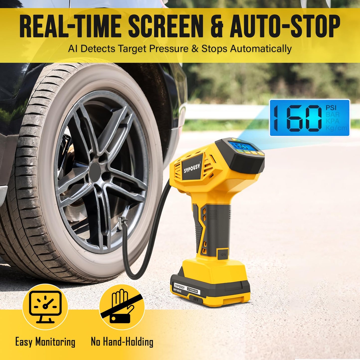 Upgraded Tire Inflator Portable Air Compressor, 160PSI Cordless Air Pump with 20V Rechargeable Battery, 2X Faster Inflation, Digital Pressure Gauge for Car, Motorcycle, E-Bike & Balls (Yellow)