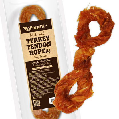 AFreschi Turkey Tendons for Dogs, USA-Sourced, Healthy Dog Treats, Rawhide-Free Puppy Chews, Long Lasting, All Natural, Hypoallergenic Dog Treats for Large Breeds, 1 Count Pack Bone (L)