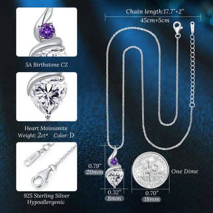 ANDSO Moissanite Heart Pendant Necklaces for Women, 925 Sterling Silver Necklace with Birthstone, Ideal Anniversary Present or Birthday Christmas Valentine Jewelry Gifts for Mom Wife Her Girlfriend