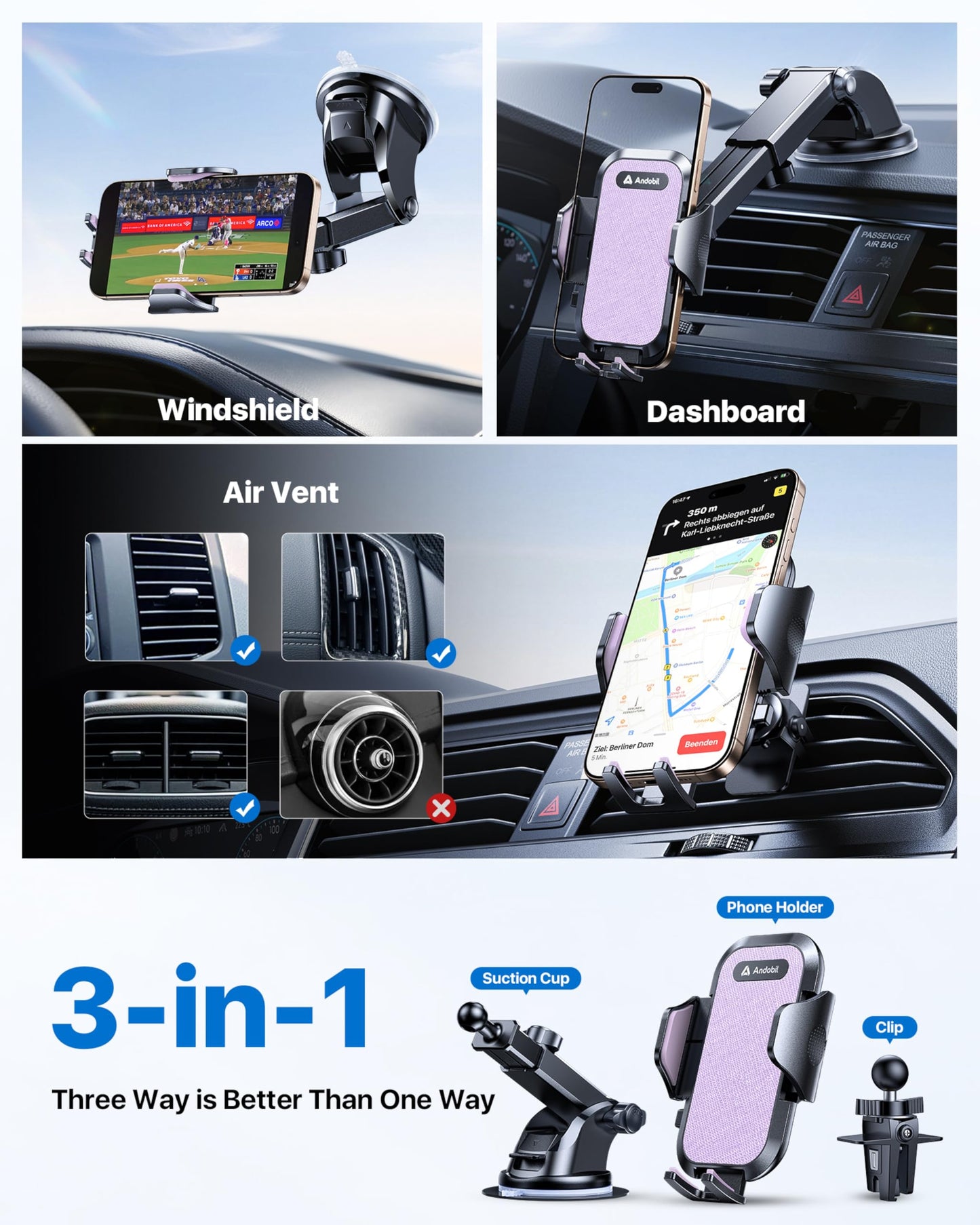 andobil Car Phone Holder, 2026 Military-Grade 89lbs Strongest Suction Phone Holders for Your Car Dashboard/Windshield/Vent Easy Clamp Car Phone Mount Stand for iPhone 17 16 15 14 13 Pro Max Samsung