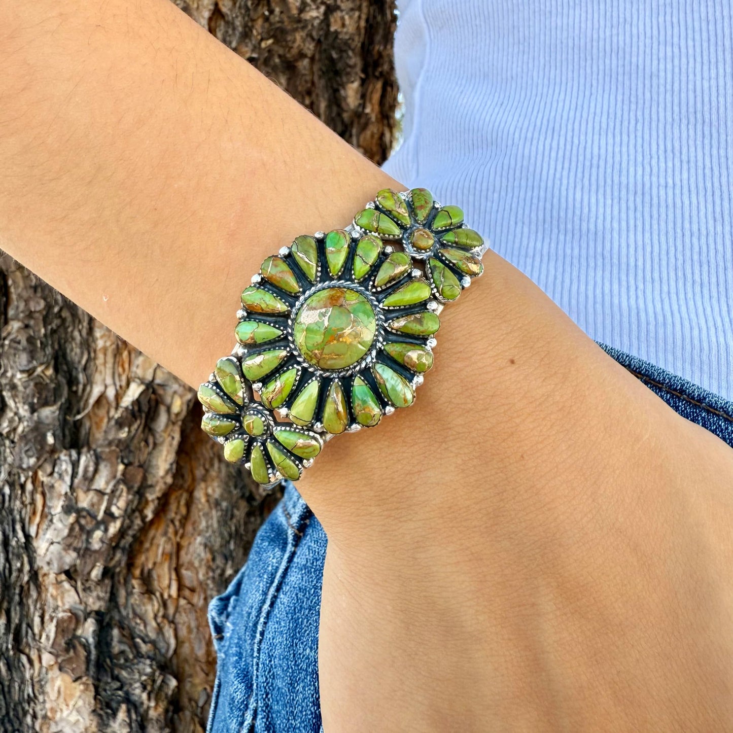 Turquoise Network Southwest Style Genuine Gemstones 925 Sterling Silver Cluster Bracelet