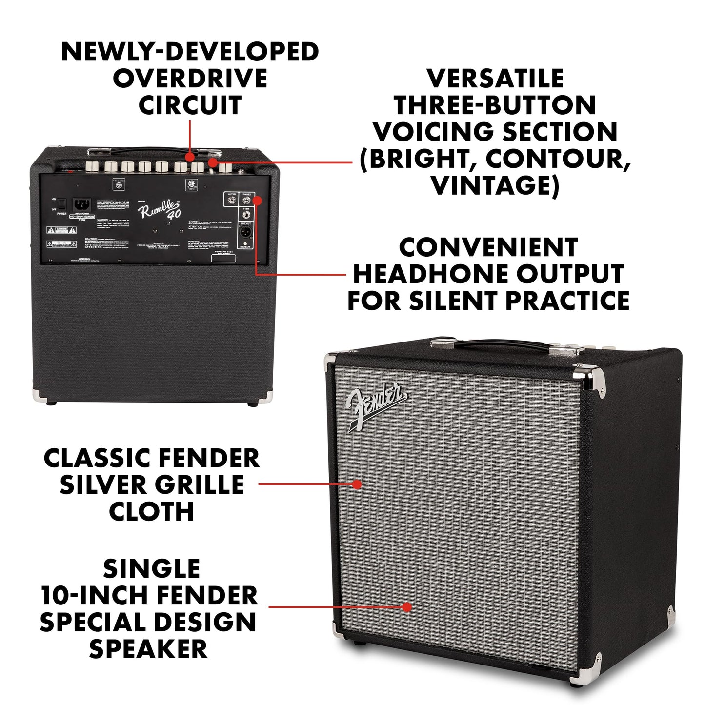 Fender Rumble 40 V3 Bass Amp for Bass Guitar, 40 Watts, with 2-Year Warranty Speaker, with Overdrive Circuit and Mid-Scoop Contour Switch