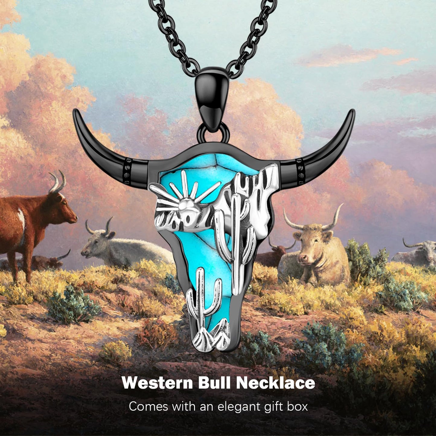 Midir&Etain Western Necklace 925 Sterling Silver Turquoise Pendant Highland Cow/Cow Skull/Hat/Tag/Cactus/Boot Cowgirl Country Jewelry for Women Men