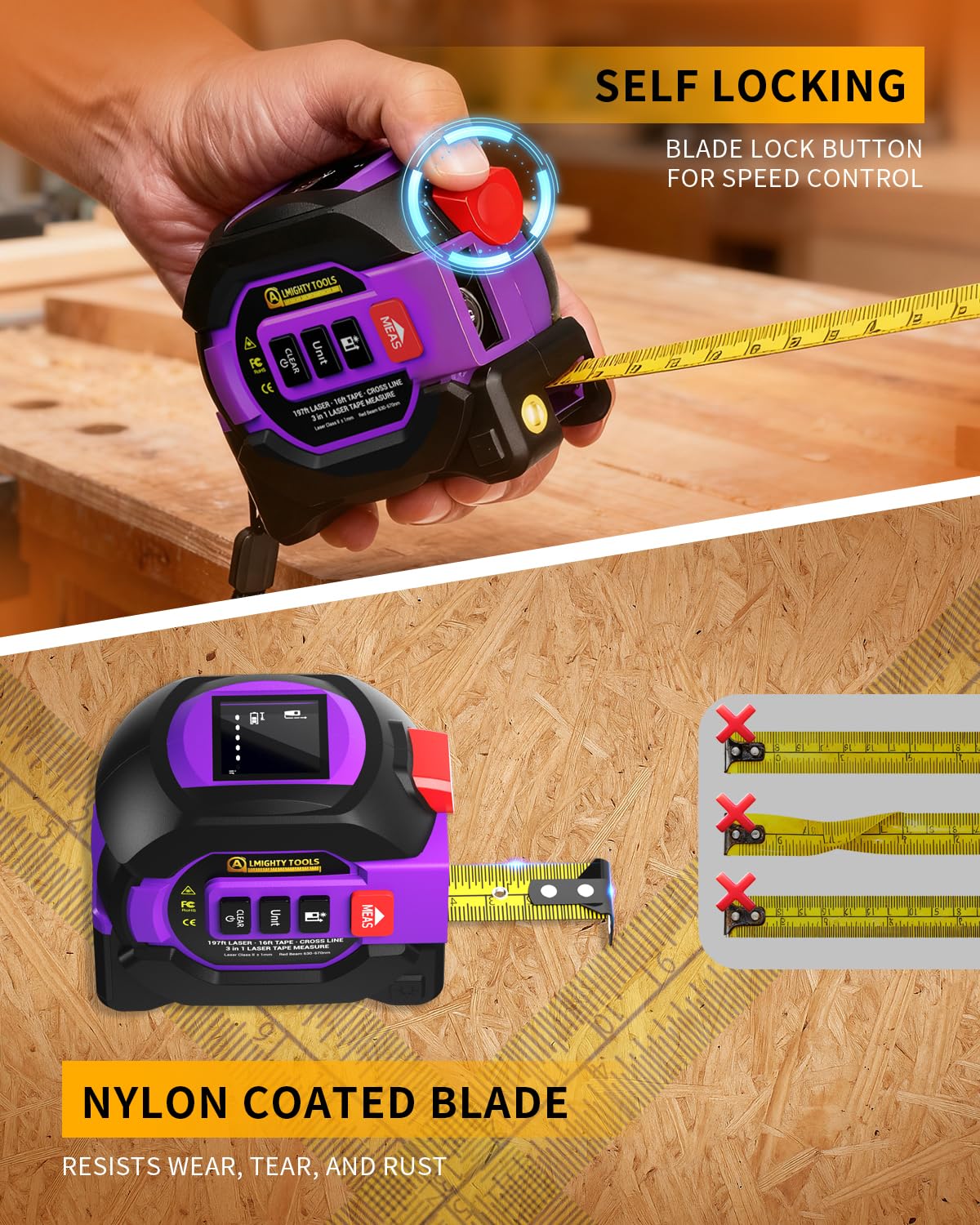 3 in 1 Digital Laser Tape Measure, 197ft/60m Laser Distance Meter, 16ft/5m Digital Tape Measure with Cross Line, AutoLock, ft/in/m Unit Switch, Measure Area, Volume, Pythagorean