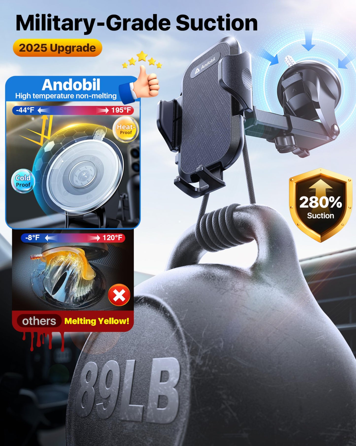 andobil Car Phone Holder, 2026 Military-Grade 89lbs Strongest Suction Phone Holders for Your Car Dashboard/Windshield/Vent Easy Clamp Car Phone Mount Stand for iPhone 17 16 15 14 13 Pro Max Samsung