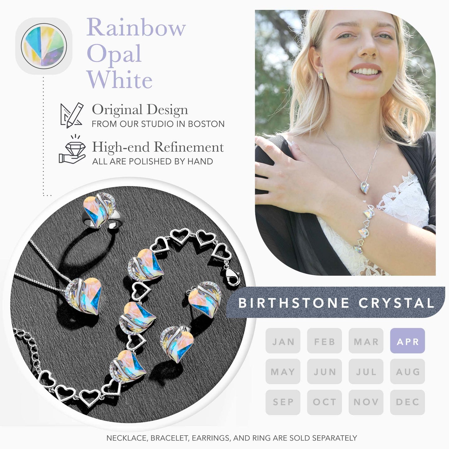 Leafael Infinity Love Heart Link Bracelets, Birthstone or Healing Stone Crystal Bracelet for Women, Silver Tone Jewelry Gifts for Her, 7-inch Chain and 2-inch Extender