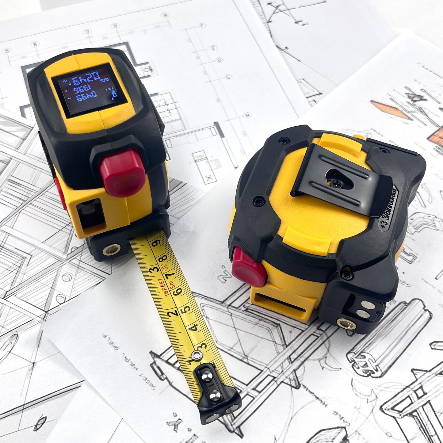 3 in 1 Digital Laser Tape Measure, 197ft/60m Laser Distance Meter, 16ft/5m Digital Tape Measure with Cross Line, AutoLock, ft/in/m Unit Switch, Measure Area, Volume, Pythagorean (Purple)