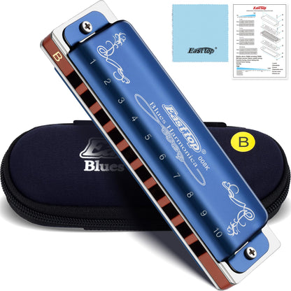 East top Harmonica Key of C, 10 Holes 008K Diatonic Mouth Organ with Blue Case, Standard Harmonica For Adults, Professionals, Beginners and Students, as a Gift
