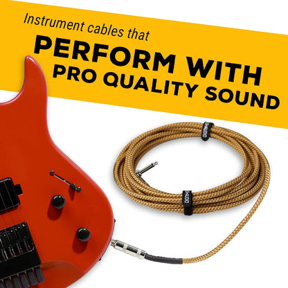 GLS Audio Instrument Cable - Amp Cord for Bass & Electric Guitar - Straight to Right Angle 1/4 Inch Instrument Cable - Brown/Yellow Braided Tweed, 20ft