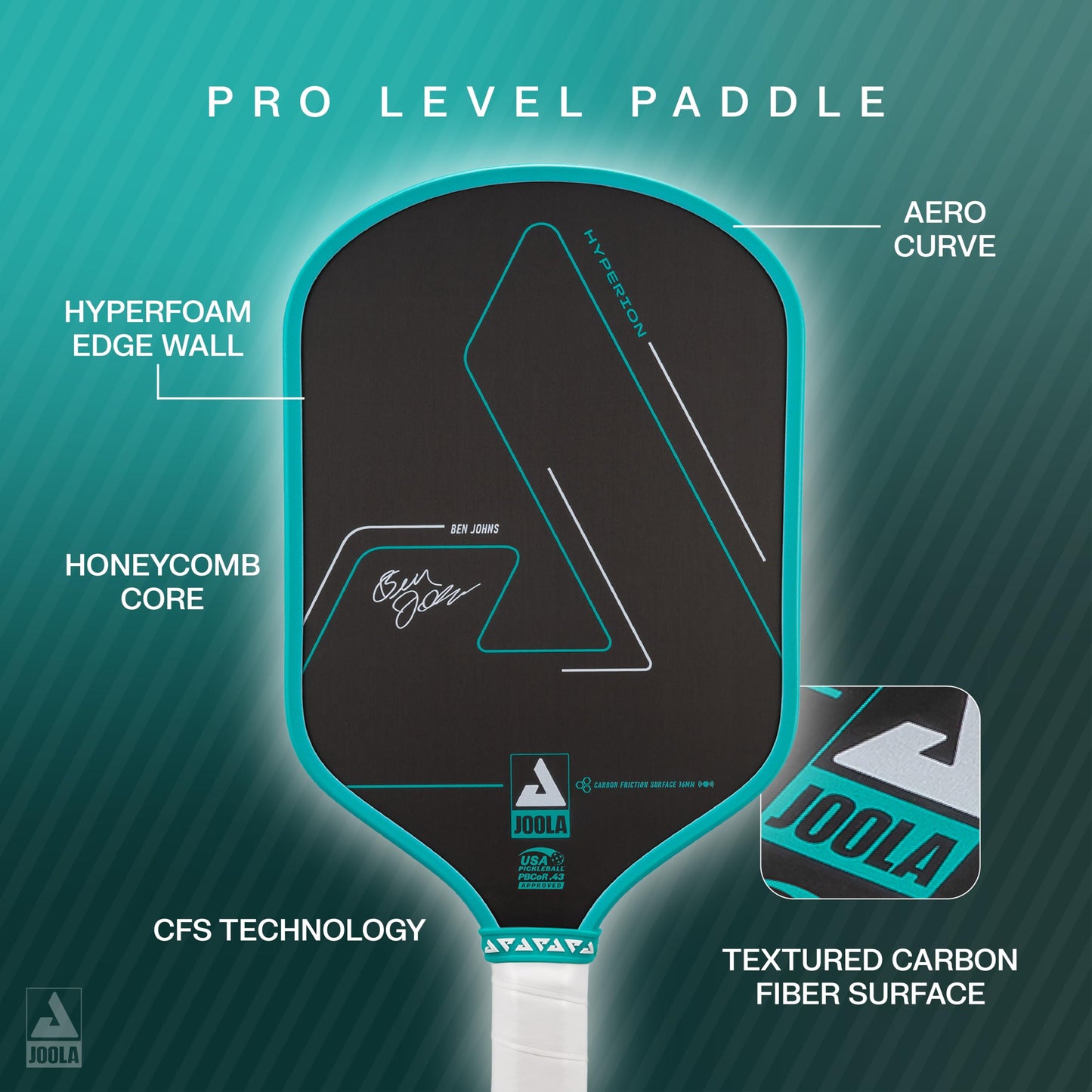 JOOLA Ben Johns Hyperion CFS Pickleball Paddle – Carbon Surface with High Grit & Spin, Elongated Handle, USAPA Approved Ben Johns Paddle