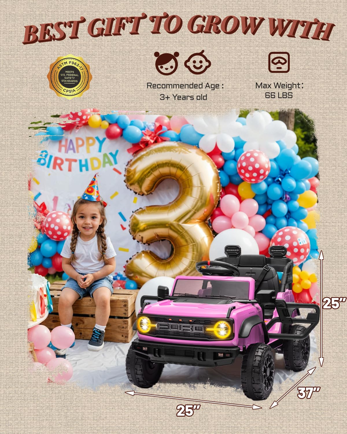 First Ride On 24V Ride on Toys for Big Kids, Licensed Ford Bronco Raptor 2 Seater Ride on Cars with Remote Control, Ride on Truck w/ 4-Wheeler Suspension, 3 Speeds, Led Lights, Bluetooth (24V, Pink) | First Ride On, 24V, for Big Kids, 2 Seater, with Remot