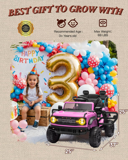 First Ride On 24V Ride on Toys for Big Kids, Licensed Ford Bronco Raptor 2 Seater Ride on Cars with Remote Control, Ride on Truck w/ 4-Wheeler Suspension, 3 Speeds, Led Lights, Bluetooth (24V, Pink) | First Ride On, 24V, for Big Kids, 2 Seater, with Remot