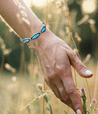 Genuine 3 Turquoise Stones Boho Bracelet, Sterling Silver Adjustable Bangle Cuff Native American Gemstones Jewelry, Fit for 6.5 7 7.5 Inches