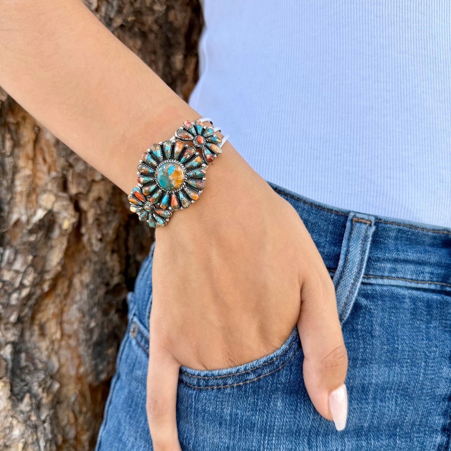 Turquoise Network Southwest Style Genuine Gemstones 925 Sterling Silver Cluster Bracelet